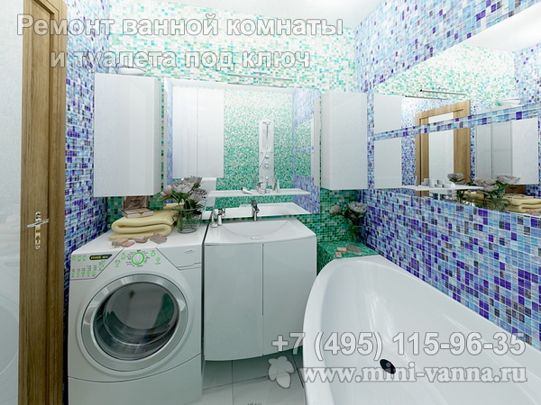 Ванная комната с отделкой мозаичной плиткой и встроенной машинкой для стирки белья
